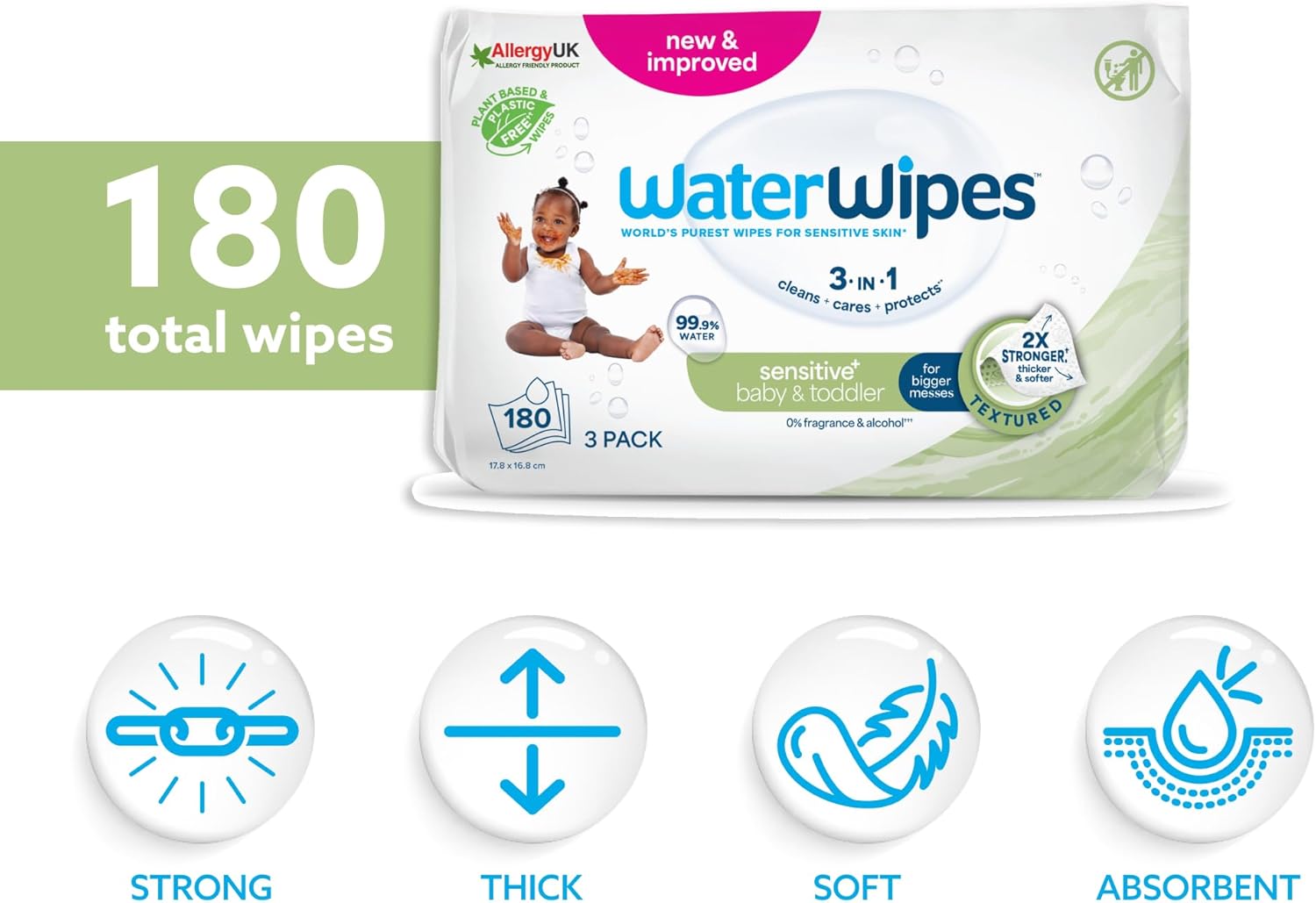 WaterWipes Sensitive+ Baby & Toddler Wipes, 180 Count (3 Packs), 3-In-1 Cleans, Cares, Protects, 99.9% Water, Textured Clean, Unscented : Amazon.co.uk: Health & Personal Care
