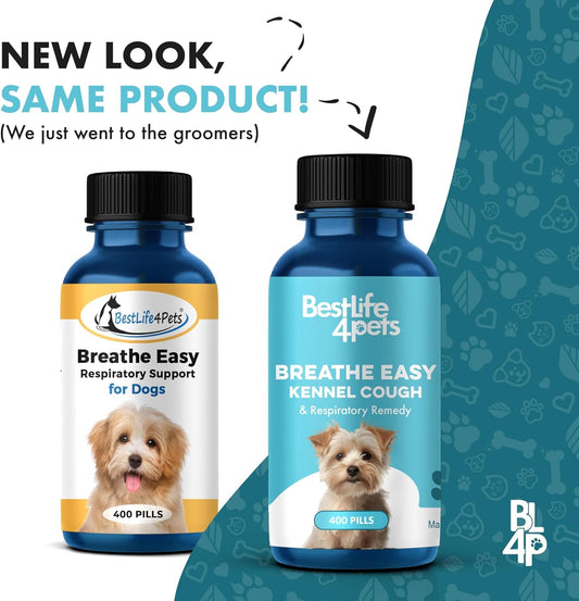 Bestlife4Pets Kennel Cough & Respiratory Remedy - Breathe Easy Natural Support For Dog Sneezing, Wheezing, Runny Nose, Cough - Canine Respiratory Infection Relief - 400 Odorless, Tasteless Pills