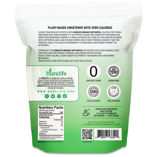 Durelife Usda Organic Erythritol Sweetener, Non Gmo Verified, Keto Certified, No After Taste, Kosher, Zero Calorie Plant-Based Sugar Alternative 5 Lb