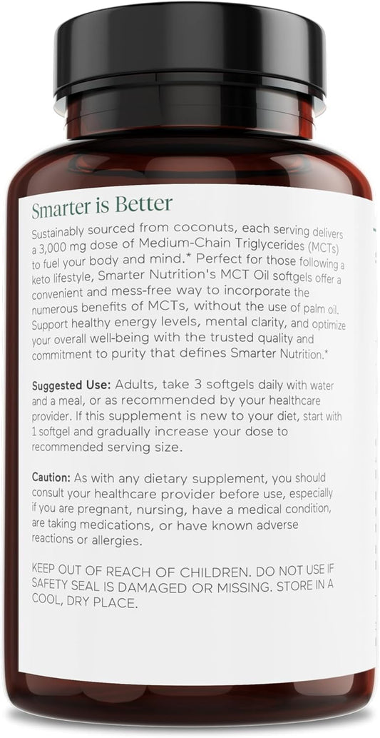 Smarter Nutrition Mct Oil Capsules C8 And C10 - Ketogenic Fuel For Brain & Body, Sustained Energy - From Cold-Pressed Coconut, Palm & Gluten-Free, Non-Gmo - 360 Count - 180-Day Supply