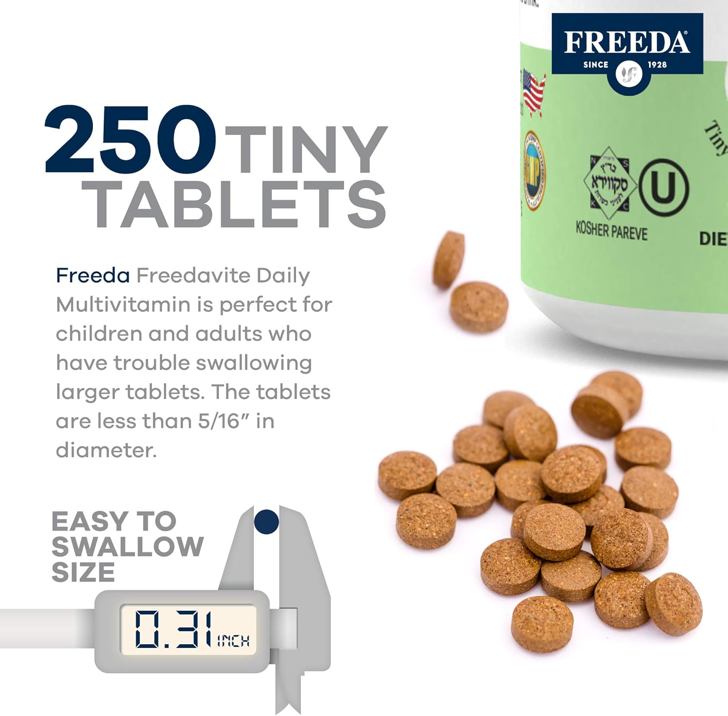 Freedavite Tiny Tablet - Moderate Multivitamin For Men And Women - Pure Vitamin A, C, D, E, B1, B2, B6, B12, Biotin, Calcium, Zinc, Iron, Magnesium, Manganese, Copper, Selenium, Iodine - 250 Count : Health & Household