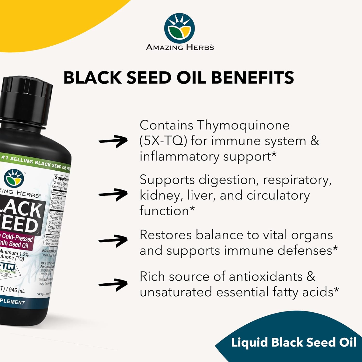 Amazing Herbs Premium Black Seed Oil - Gluten Free, Non Gmo, Cold Pressed Nigella Sativa Aids In Digestive Health, Immune Support, Brain Function, Joint Mobility - 1 Fl Oz : Health & Household