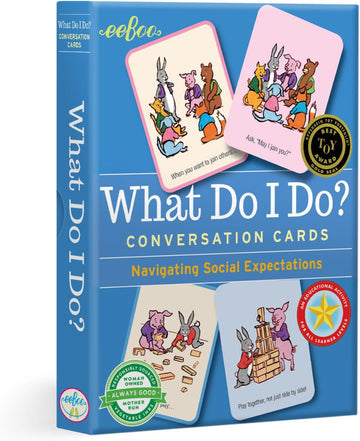 eeBoo: What Do I Do? Conversation Flashcards, Helps Develop Empathy Through Illustrations of Social Situations That Show Complex Emotions, Valuable Communication Skills Formed, for Ages 3 and up