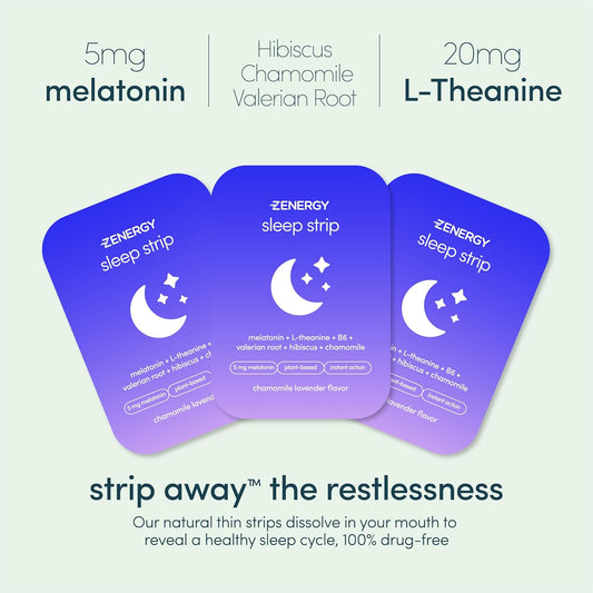 Zenergy Sleep Oral Strips - Chamomile Lavender Flavor | 5Mg Melatonin + 20Mg L-Theanine + 100% Vitamin B6 + Botanicals | 0 Sugar, 0 Calories, 0 Gluten, Vegan, Instant Action | 1 Tin = 30 Strips