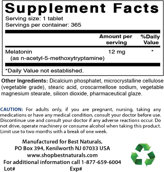 Best Naturals Melatonin 12 mg (1 Year Supply) - Drug-Free Nighttime Sleep Aid - Melatonin for Sleep and Relaxation, 365 Count (365 Count (Pack of 1))