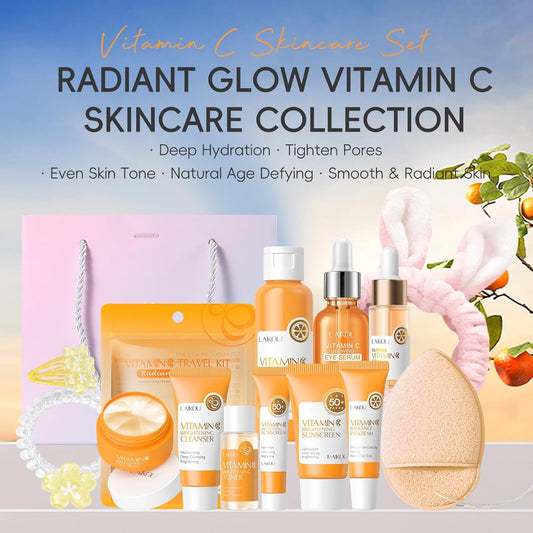 Laikou Skincare Set, Vitamin C Face Care Kit With Cleanser,Toner,Serum,Eye Cream,Moisturiser,Spf50 Sunscreen,Sheet,Eye,Lip & Clay Mask, Hydrating, Even Skin Tone, Travel Gift For Teen, Women & Men