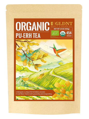 Gldnt Organic Pu-Erh Tea, Yunnan Ripe Pu'Erh Tea Loose Leaf, Fermented Dark Tea, Bold & Smooth Flavor, Caffeinated, 16Oz