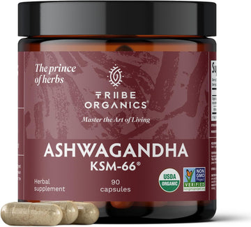 Tribe Organics Ashwagandha Ksm 66 Pure Organic Root Powder Extract Ayurvedic Supplement - Focus Mood Support Increase Energy Strength 600Mg Of Natural Ksm66 For Superior Absorption - 90 Capsules