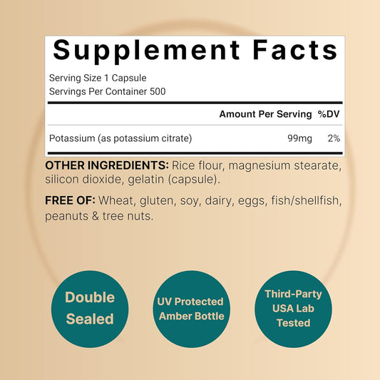 Potassium Citrate Supplement 99Mg, 500 Capsules | Easily Absorbed Chelated Form โ Essential Mineral Electrolyte Balance โ Supports Muscle, Bone, & Heart Health โ Non-Gmo