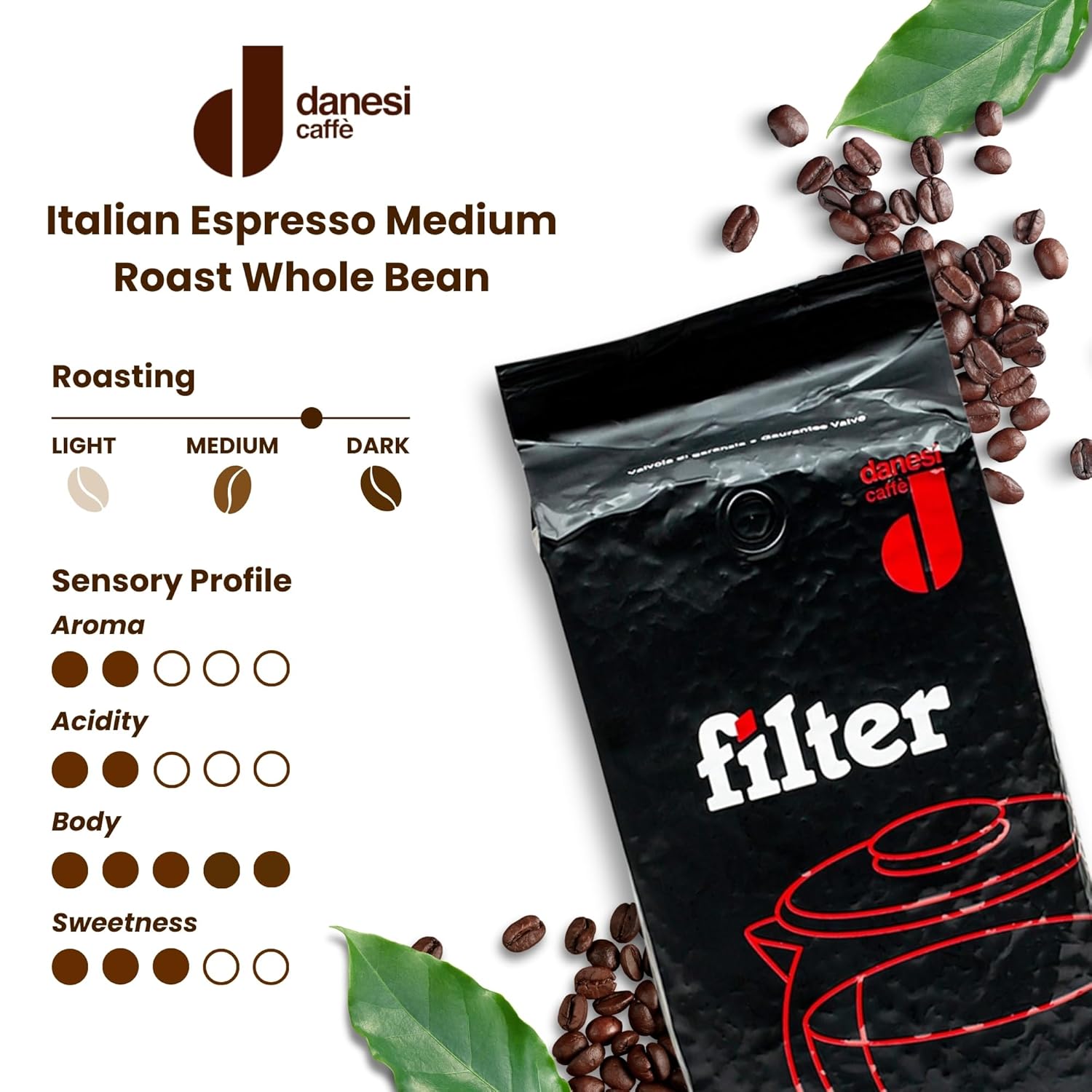 Danesi Caffe Italian Whole Coffee Beans - Espresso Coffee Beans And Medium Roast Whole Bean - Perfect For Espresso Machines, French Press, And Home Brewing - Filter (2.2 Lb)