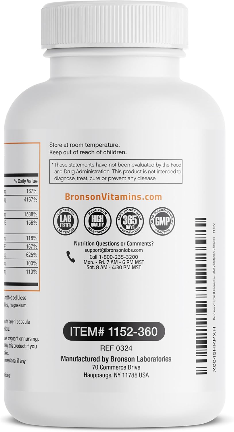 Bronson Vitamin B Complex With Vitamin C - Immune Health, Energy Support & Nervous System Support - Non-Gmo, 360 Vegetarian Capsules