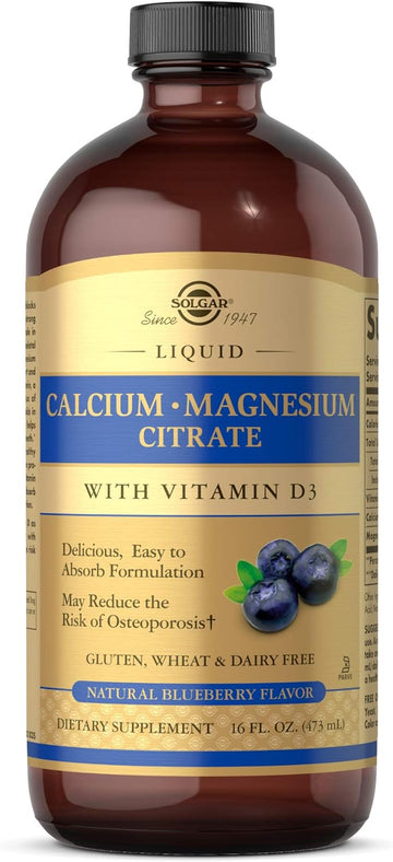 Solgar Liquid Calcium Magnesium Citrate With Vitamin D3 - Delicious Natural Blueberry Flavor, 16 Oz - Supports Strong, Healthy Bones & Teeth - Gluten Free, Dairy Free, Kosher - 32 Servings