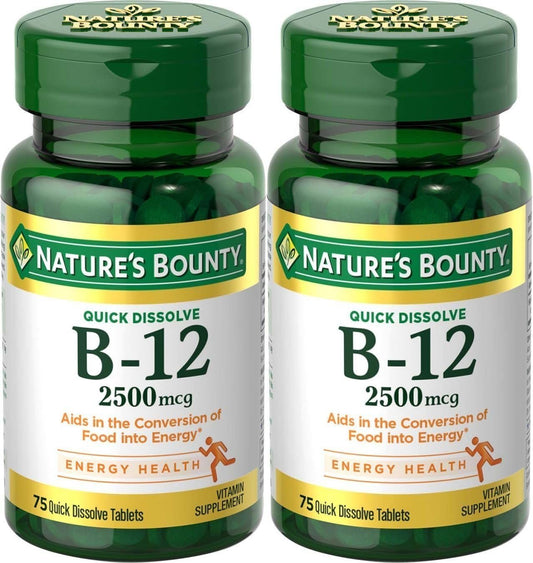 Natures Bounty Vitamin B-12, Quick Dissolve, 2500 Mcg, Natural Cherry Flavor 75 Ct (2 Pack)