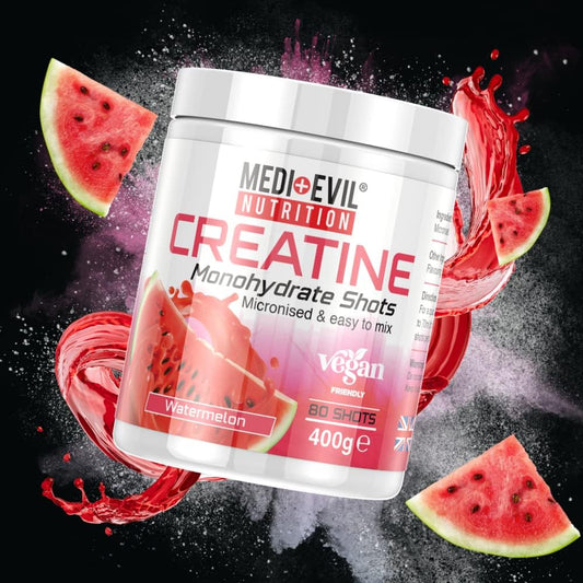 Medi-Evil Nutrition Creatine Monohydrate Shots Powder Vegan Friendly, Watermelon Flavour, 400G, 80 Servings, Micronised For Easy Mixing (Pack Of 1 Tub)