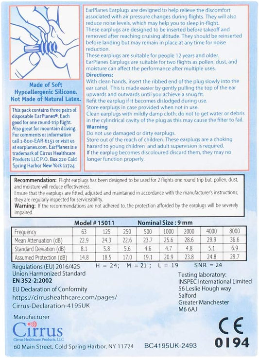Earplanes Original Earplugs For Children/Smaller Ears, Pressure Filtering Protection For Airplane Travel (3 Pairs)