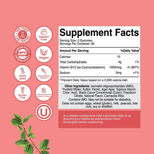 Sugar Free Vitamin B12 1000 Mcg Gummies - Vegan B12 Gummies For Adults Energy Focus Immunity And Nerve Support - Vitamin B12 Gummies For Adults - Kosher Non Gmo Gluten Free & Vegan (60 Servings)