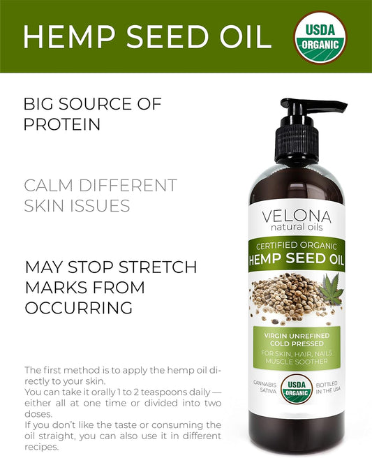 velona Hemp Seed Oil USDA Certified Organic - 16 oz | 100% Pure and Natural Carrier Oil | Unrefined, Cold Pressed | Hair, Body, Face & Skin Care | Use Today - Enjoy Results