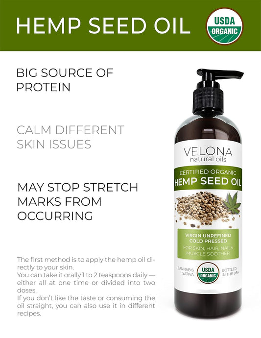 velona Hemp Seed Oil USDA Certified Organic - 2 oz | 100% Pure and Natural Carrier Oil | Unrefined, Cold Pressed | Hair, Body, Face & Skin Care | Use Today - Enjoy Results