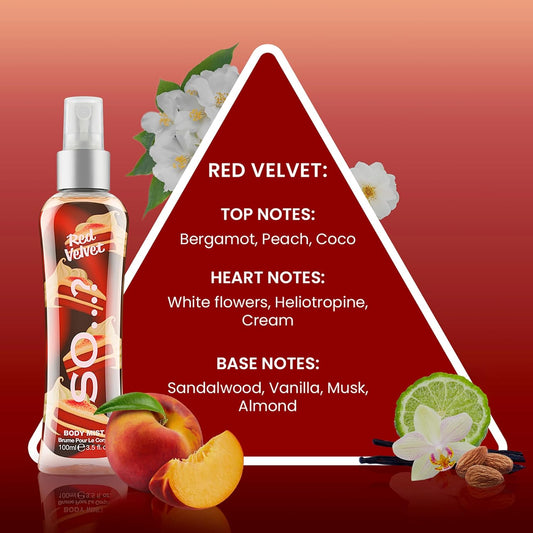 So… Red Velvet Body Mist - Fruity, Floral, Vanilla Perfume For Women - 6 Hour Wear Body Spray For Women - Cruelty Free - 3.5 Oz