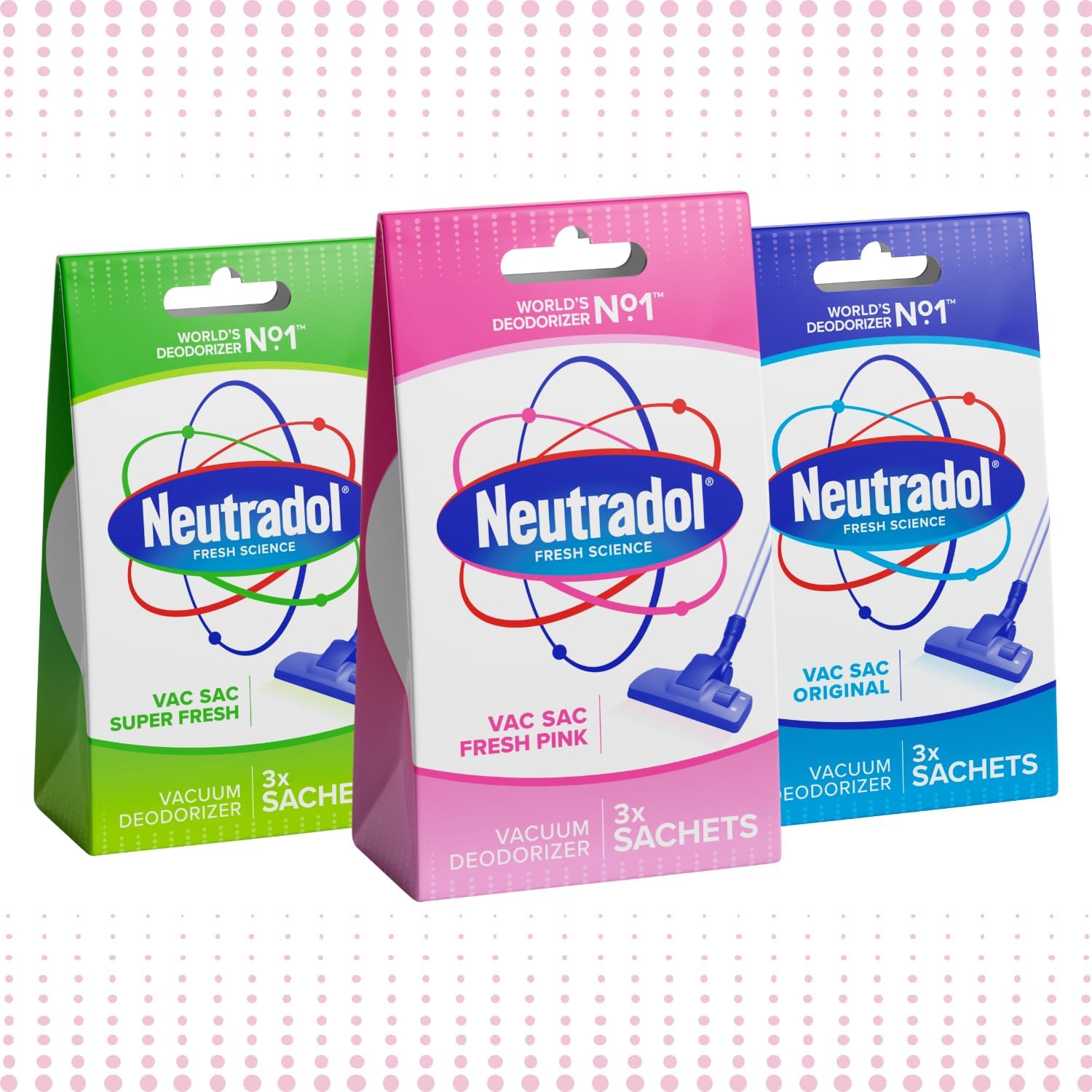 Neutradol Vac Sacs Vacuum Deodoriser, Place In Vacuum Cleaner Bags & Dust Bags, Fresh Pink, Multipack Of 3 X 3 Vac Sacs