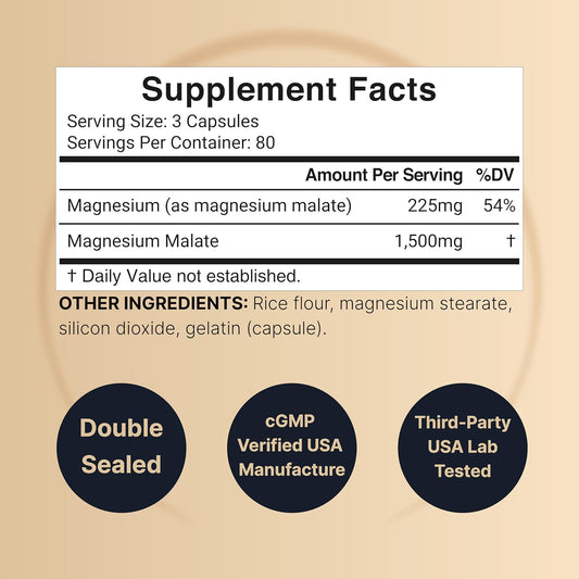 Magnesium Malate 1,500Mg Per Serving, 240 Capsules | Chelated For High Absorption – Energy & Nervous Mineral Supplement – Non-Gmo, Gluten Free