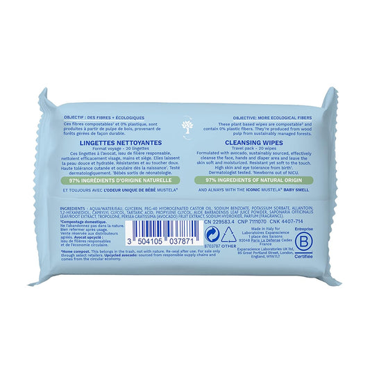 Mustela Baby Cleansing Wipes With Natural Avocado - For Face, Body & Diaper Area - Made With Compostable & Plastic Free Fibers - Lightly Scented - 20 Or 60 Ct. - 1