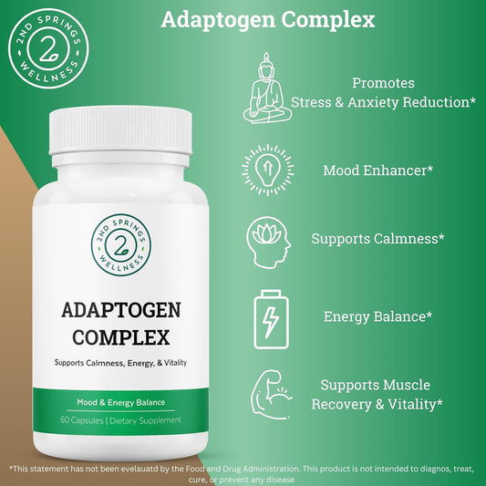 Adaptogen Complex Calmness, Energy And Vitality Booster - Ashwagandha, Schisandra, Astragalus, Ginseng, Rhodiola, And More - Promotes Balance, Focus, And Overall Well-Being - 60 Ct