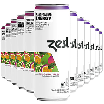 Zest Plant Powered Natural Energy Sparkling Drink - Passionfruit Berry - 150Mg Caffeine + 100 Mg L-Theanine - 12Oz Can 12 Pack - Low Sugar, 60 Cals, Healthy Coffee Substitute, Non Gmo High Caff Blend