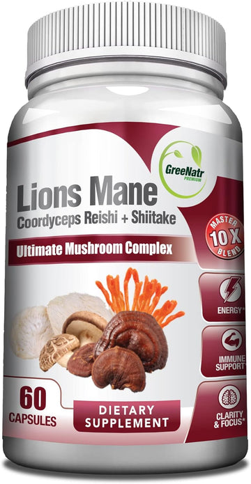 Greenatr Complete Mushroom Supplement -10 In 1 Complex With Lions Mane, Cordyceps, Shiitake, Chaga, Turkey Tail For Immune Support, Memory, Focus & Natural Energy Booster - 60 Capsules (1 Bottle)
