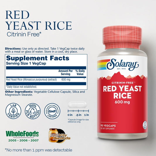 Solaray Red Yeast Rice, Non-Irradiated & Citrinin-Free, 60 Day Money-Back Guarantee, 90 Servings, 90 Vegcaps