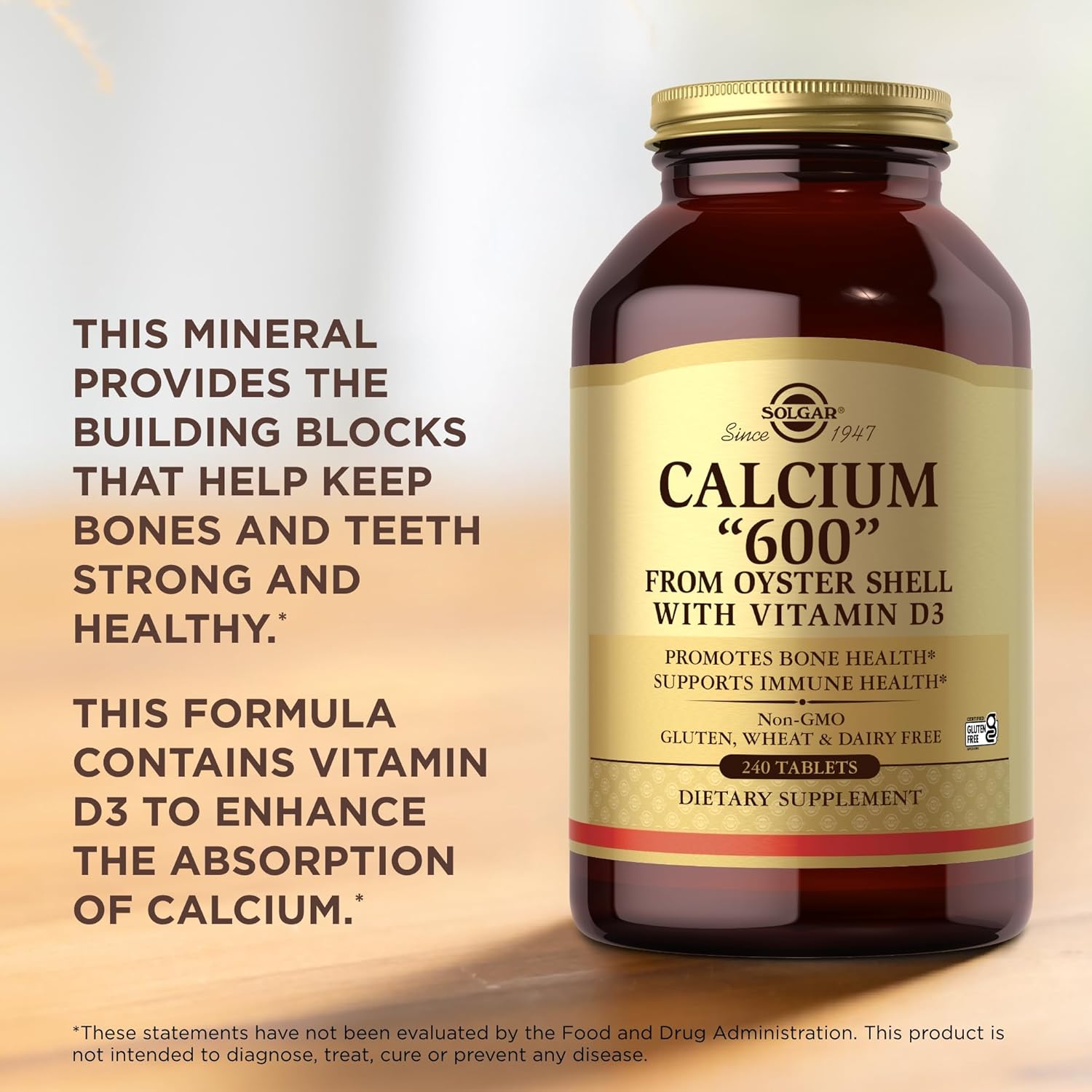 Solgar Calcium 600" - 240 Tablets, Pack Of 2 - From Oyster Shell With Vitamin D3 - Non-Gmo, Gluten Free, Dairy Free - 240 Total Servings