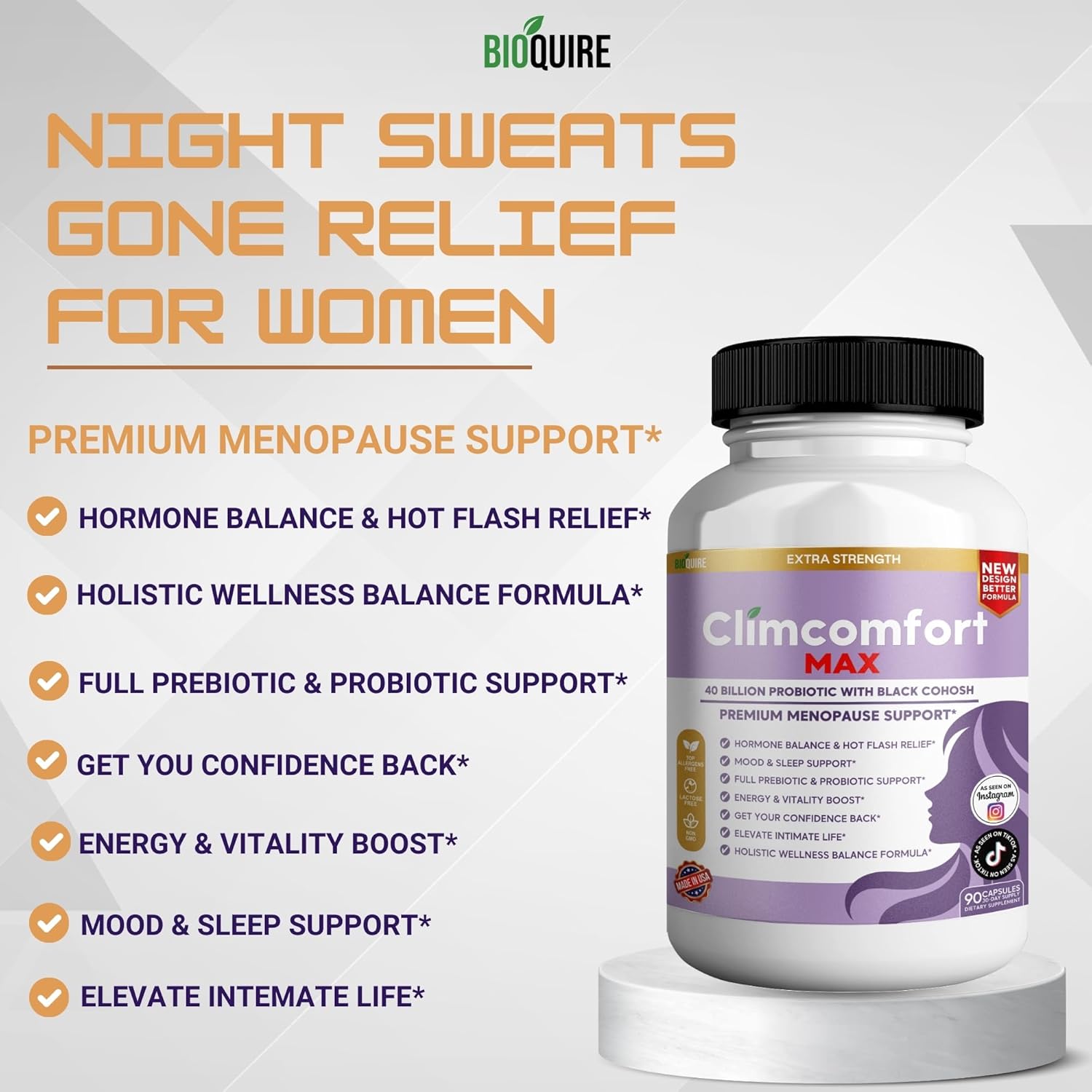 Bioquire Climcomfort Max Menopause Support, 40 Billion Probiotic With Black Cohosh, 90 Capsules, Hormone Balance And Hot Flash Relief (1) : Health & Household