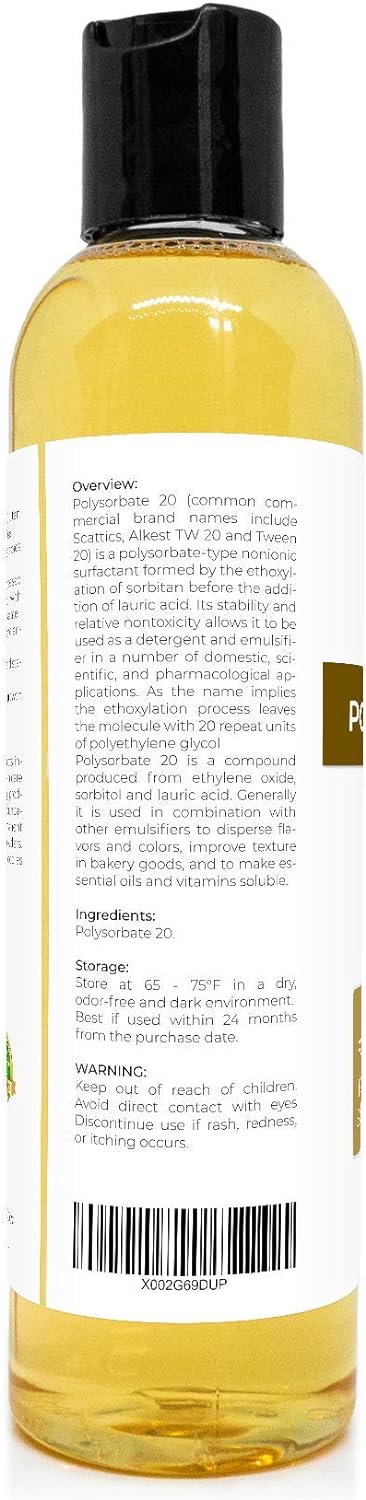 Polysorbate 20 by Velona - 8 oz | Solubilizer, Food & Cosmetic Grade | All Natural for Cooking, Skin Care and Bath Bombs | Use Today - Enjoy Results : Beauty & Personal Care