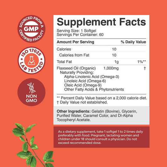Omega Flaxseed Oil 1000mg per serving Softgels - Flax Seed Oil Softgel for Brain Support Constipation and Cycle support and Heart Health Supplement - Natural Omega 3 6 9 for Hair Skin and Nails