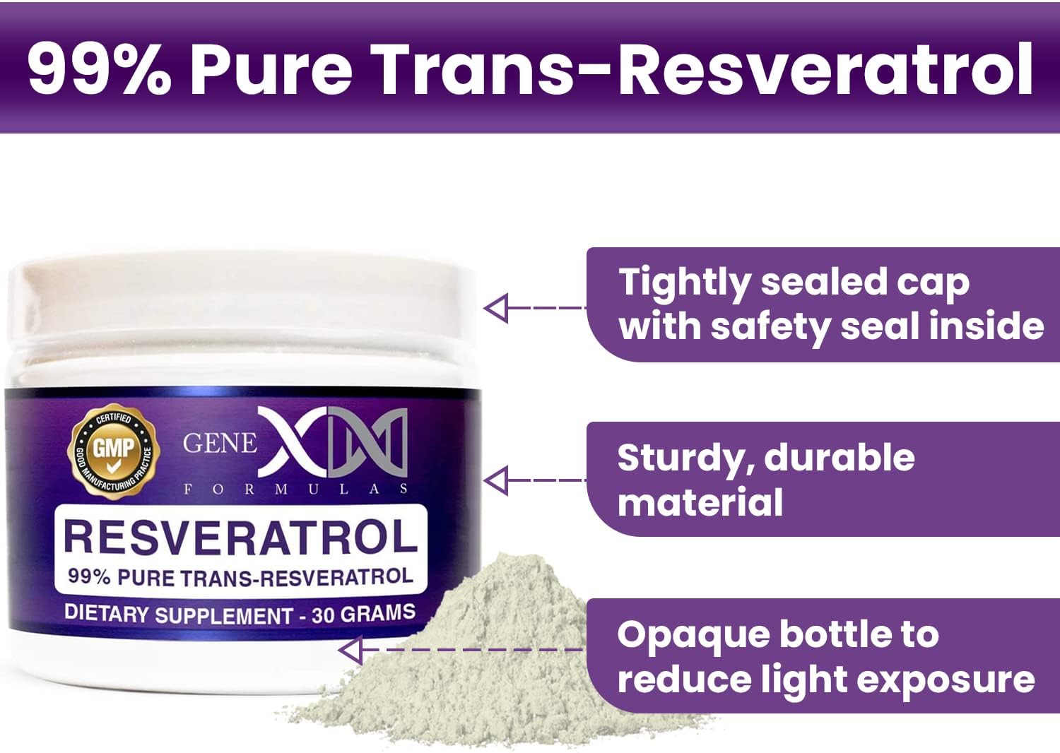 Genex Trans Resveratrol 1000Mg Serving 99% Pure Micronized Pharmaceutical Grade Trans-Resveratrol Powder 30 Servings Or 30Grams 1Gram Per Day 30-Day Supply Made In A Gmp & Nsf Certified Facility : Health & Household