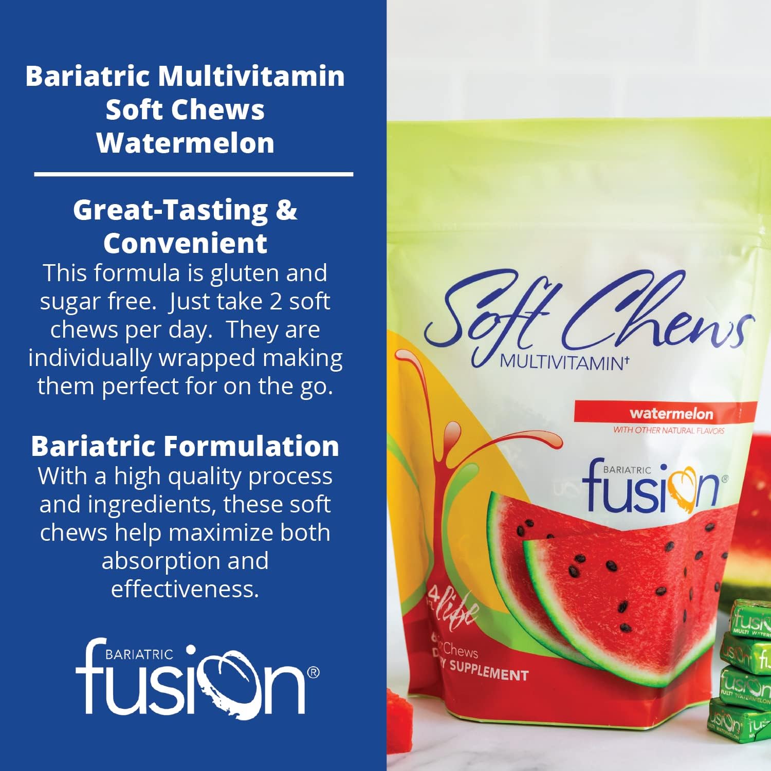 Bariatric Fusion Bariatric Multivitamin Soft Chew | Watermelon Fruit Flavor | Chewy For Post Bariatric Surgery Patients Including Gastric Bypass And Sleeve Gastrectomy | 60 Count | 1 Month Supply