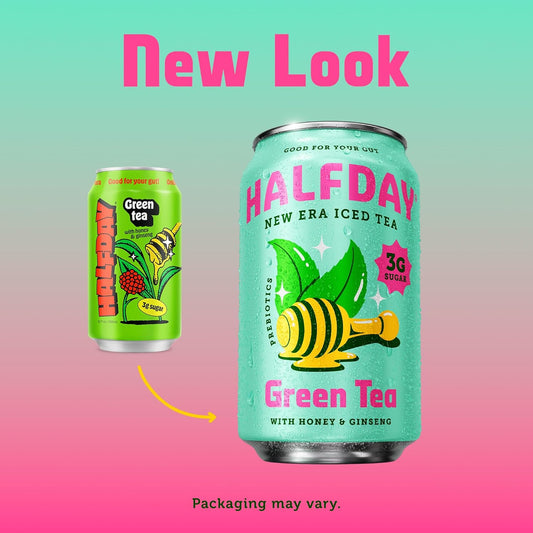 Halfday Prebiotic Green Tea With Honey & Ginseng, Supports Digestive & Gut Health, 6G Plant Fiber & Prebiotics, Low Sugar, 30 Calories, Natural Caffeine, Gluten Free, 12 Fl Oz (12 Pack) Packaging May Vary