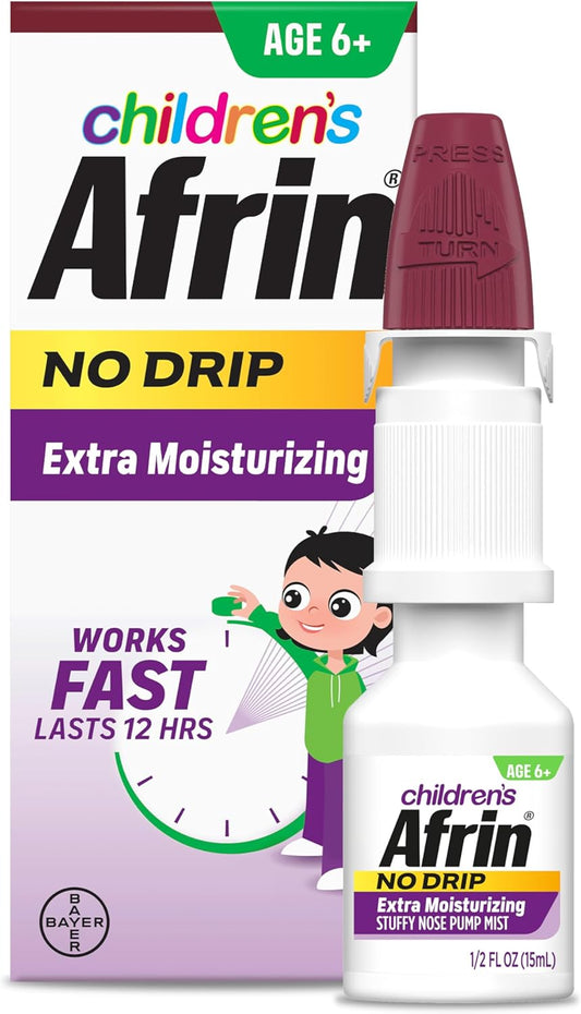 Afrin Childrens, Extra Moisturizing Stuffy Kids Nasal Spray Pump Mist, Up To 12 Hour Nasal Congestion Relief For Cold Or Allergy Symptoms, For Children Ages 6 & Up, 15 Ml