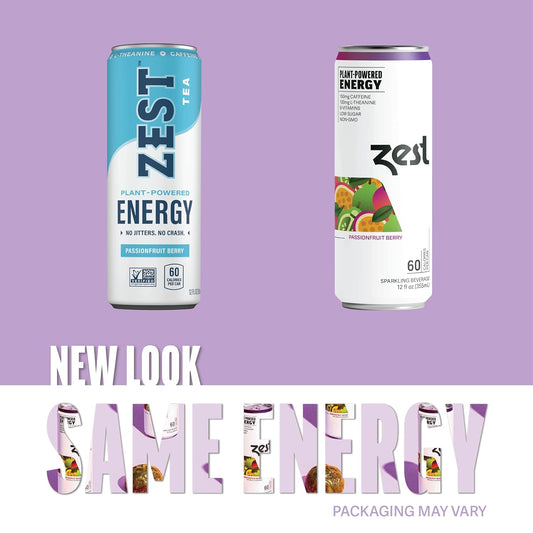 Zest Plant Powered Natural Energy Sparkling Drink - Passionfruit Berry - 150Mg Caffeine + 100 Mg L-Theanine - 12Oz Can 12 Pack - Low Sugar, 60 Cals, Healthy Coffee Substitute, Non Gmo High Caff Blend
