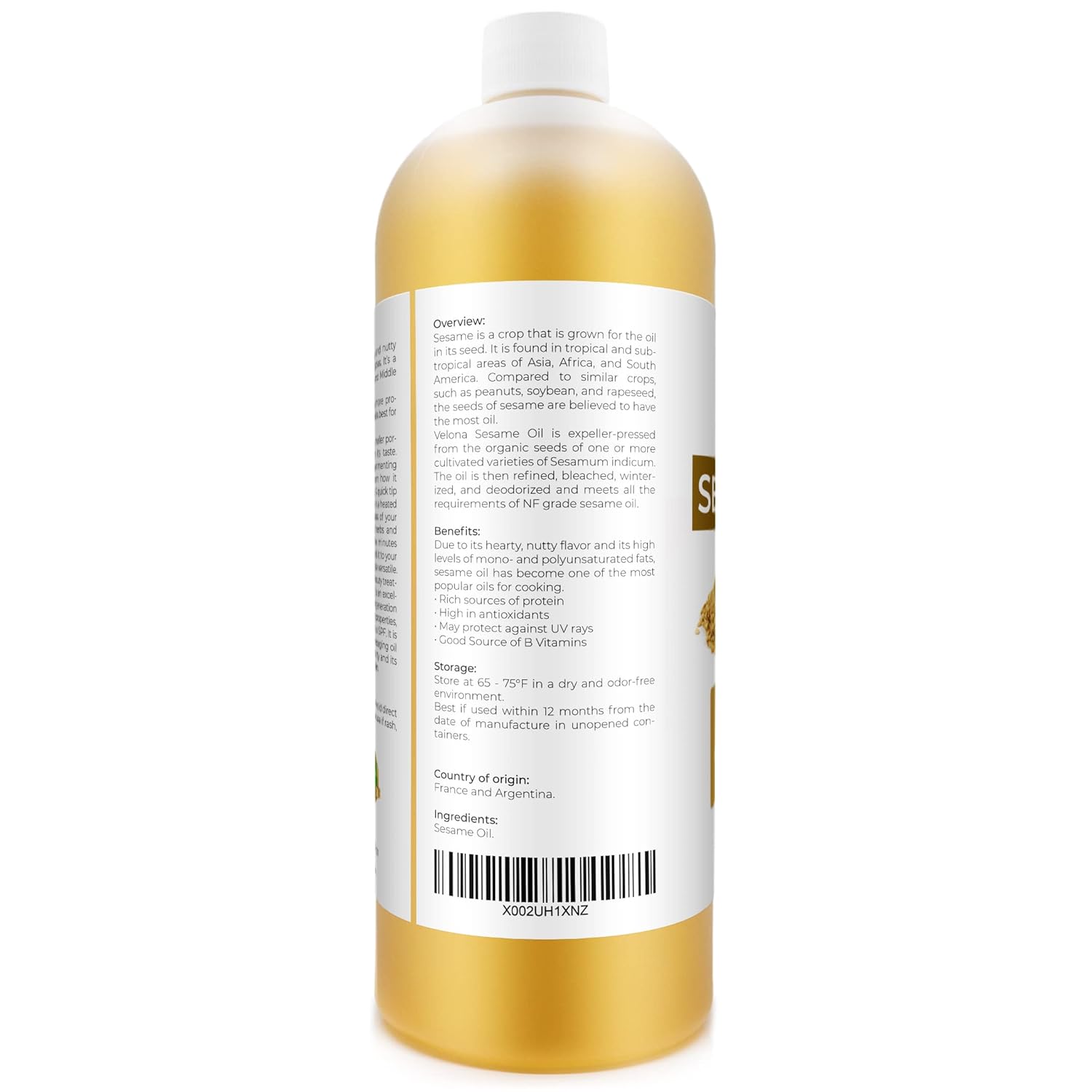 velona Sesame Seed Oil 32 oz | 100% Pure and Natural Carrier Oil | Refined, Expeller Pressed | Cooking, Skin, Hair, Body & Face Moisturizing | Use Today - Enjoy Results : Beauty & Personal Care