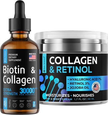 S Raw Science Beauty And Skin Revitalization - Vitamins For Healthy Hair, Skin And Nails & Anti-Aging Face Moisturizer - Biotin & Collagen Drops 30000Mcg 2Oz And Collagen Day & Night Cream 1.7Oz