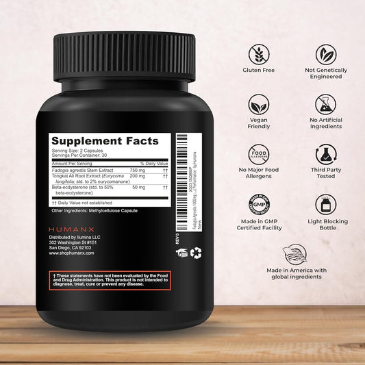 Humanx Fadogia Agrestis, Tongkat Ali & Beta Ecdysterone 1000Mg - Usa Third Party Tested Supplement - Powerful Extracts To Support Athletic Performance & Muscle Mass - Veggie Capsules Supplements
