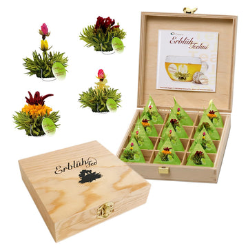 Creano Tea Flowers In Cup Size - Gift Set In Wooden Tea Box - 12 Blooming Tea Green Tea In 4 Varieties - Gift For Women, Mother, Tea Lovers