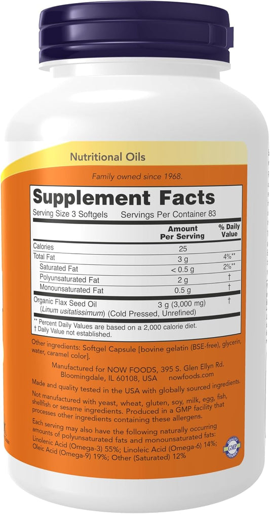 Now Foods Supplements, Flax Oil 1,000 Mg Made With Organic Flax Oil, Cardiovascular Support*, 250 Softgels