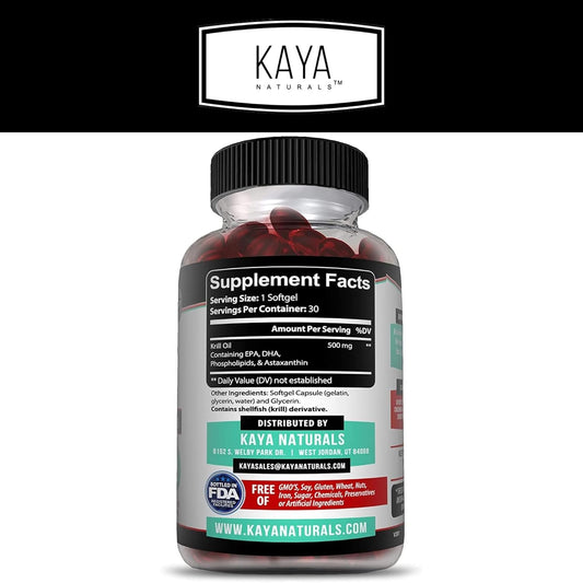 Kaya Naturals - Antarctic Krill Oil 500Mg With Omega 3, Epa, Dha And Astaxanthin Supplement - Brain, Heart And Joint Health Vitamin - Heart Health Supplement - 30 Sofftgels