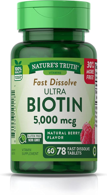 Nature'S Truth Ultra Biotin 5000Mcg | 78 Fast Dissolve Tablets | Hair Skin And Nails Supplement | Natural Berry Flavor | Vegetarian, Non-Gmo, Gluten Free