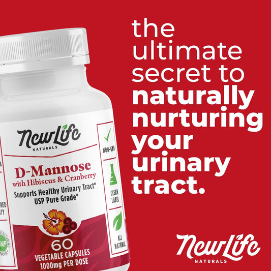 Newlife Naturals D-Mannose Capsules | W/Cranberry And Hibiscus Extracts | Natural Urinary Tract Health Supplement | 1400Mg Pure Veggie Powder | 60 Veggie Capsules