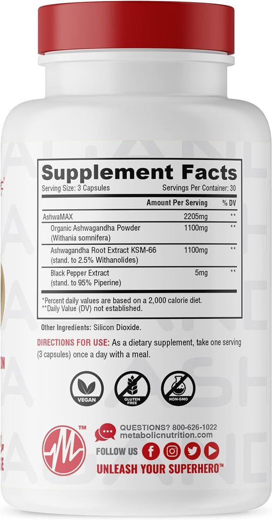 Metabolic Nutrition Ashwagandha 2200mg Made with Organic Ashwagandha Powder and Black Pepper Extract, 90 Vegan Capusles
