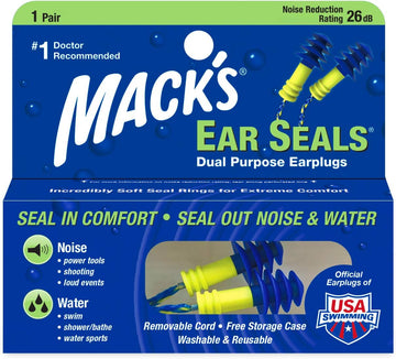 Macks Ear Seals Earplugs, 1 Pair With Detachable Cord - 26Db High Nrr - Dual Purpose Comfortable Ear Plugs For Noise Reduction And Blocking Water