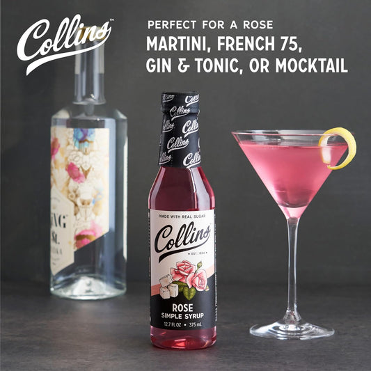 Collins Rose Syrup - Rose Flavor Simple Syrup - Real Sugar Cocktail Syrups - Soda Water Flavors, Cocktail Mixers - 12.7Oz Set Of 1